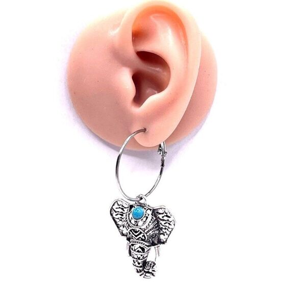 Silver with Turquoise Boho Elephants Hinged Post Hoop Earrings - Picture 7 of 7